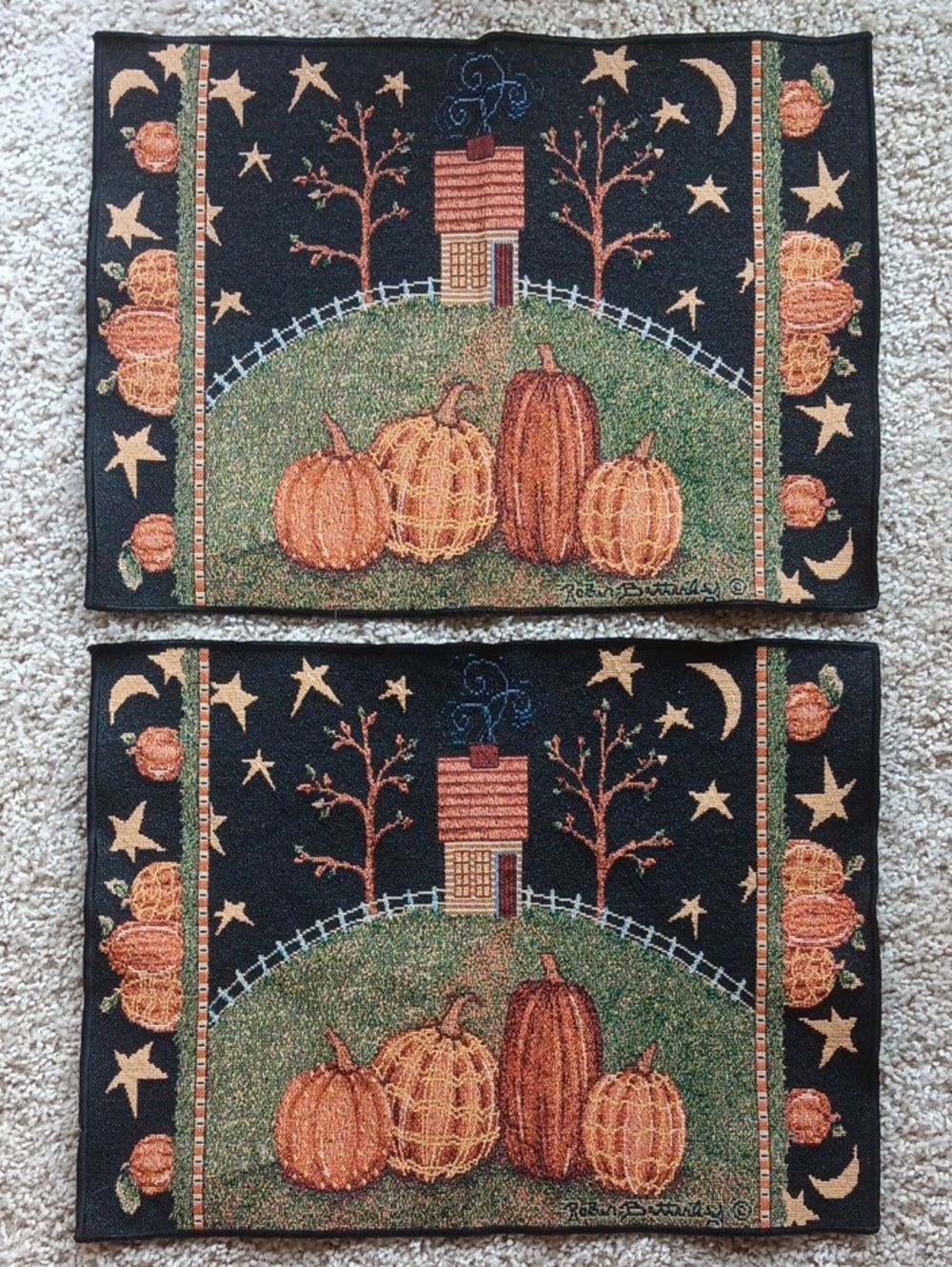 Set Of 2 Folk Art Fall Pumpkin Tapestry Placemats By Robin Betterly. USA Made